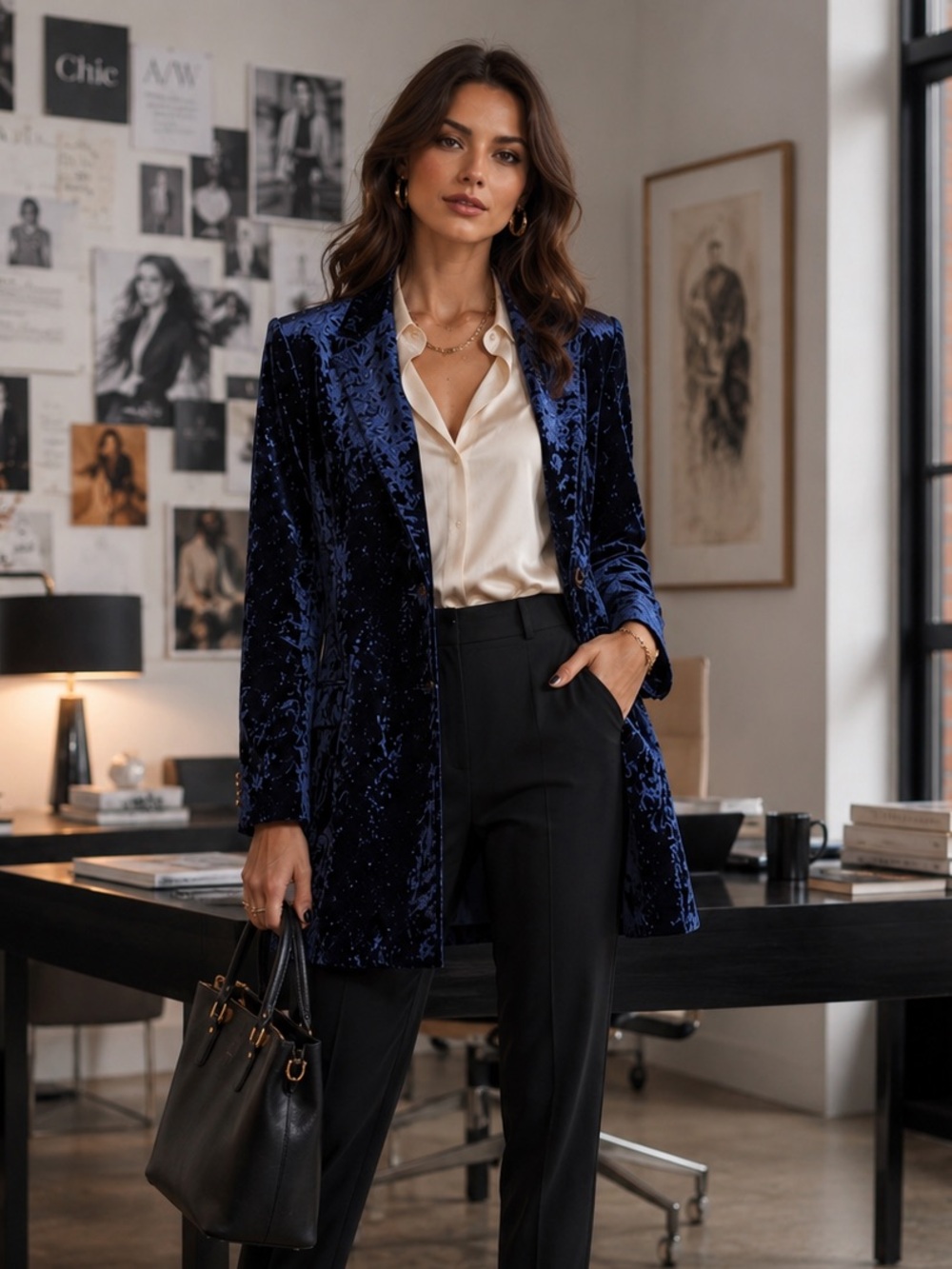 BOBEAU Midnight Navy Jame Crushed Velvet Blazer Jacket Longline Professional
